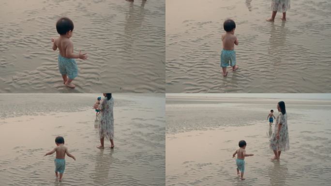 一位亚洲母亲带着孩子在泰国普吉岛的海滩上快乐地共度时光。假期的概念。