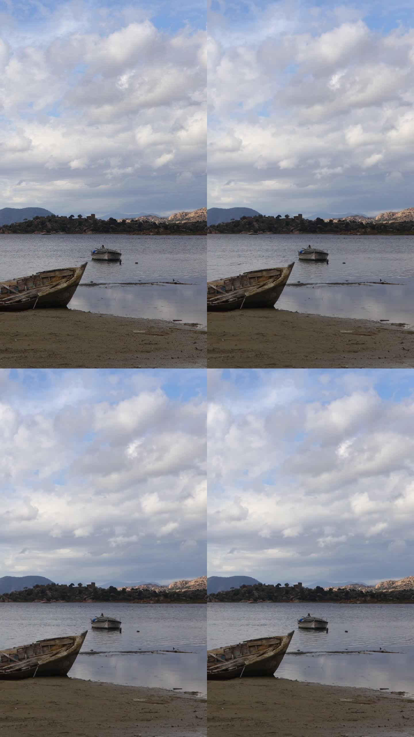 渔船停泊在土耳其的巴法湖岸边。社交媒体的垂直视频。