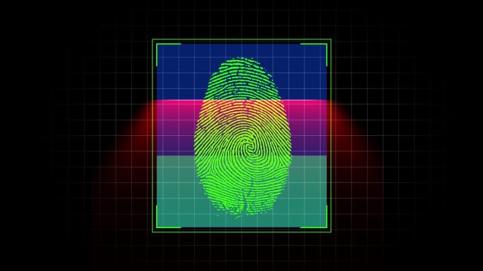 扫描组指纹在未来扫描仪显示。在先进的数字系统中调查各种手指生物指纹，以便快速识别罪犯。