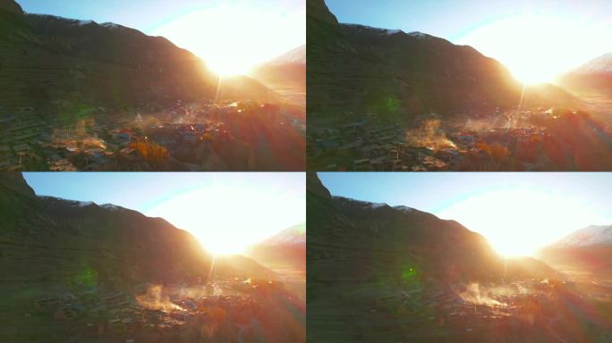 马南镇鸟瞰图，朝阳映照。宽阔的山谷在山区景观。马南山谷，安纳普尔纳环行，尼泊尔