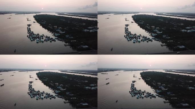 夕阳下的天江木筏村鸟瞰图，天江省