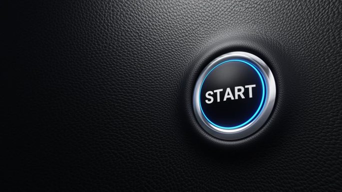 启动按钮，启动现代汽车按钮，蓝色发光，只需按下按钮，4k 3d循环动画