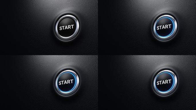 启动按钮，启动现代汽车按钮，蓝色发光，只需按下按钮，4k 3d循环动画