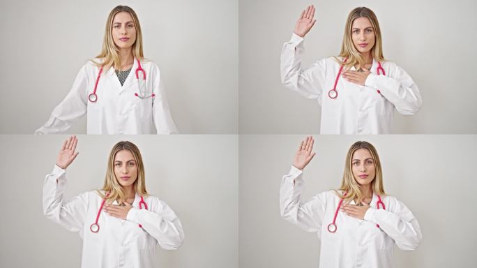 年轻的金发女医生在孤立的白色背景上把手放在胸前宣誓