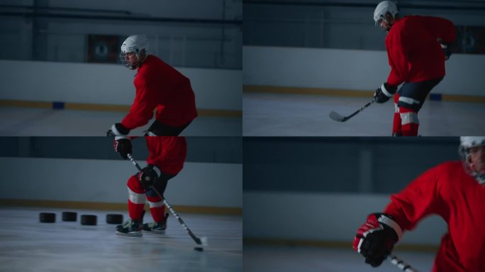 在冰场上，一名冰球运动员通过投篮、击球和用曲棍球棒击打冰球的动作镜头得分。戏剧性的广角镜头和电影般的