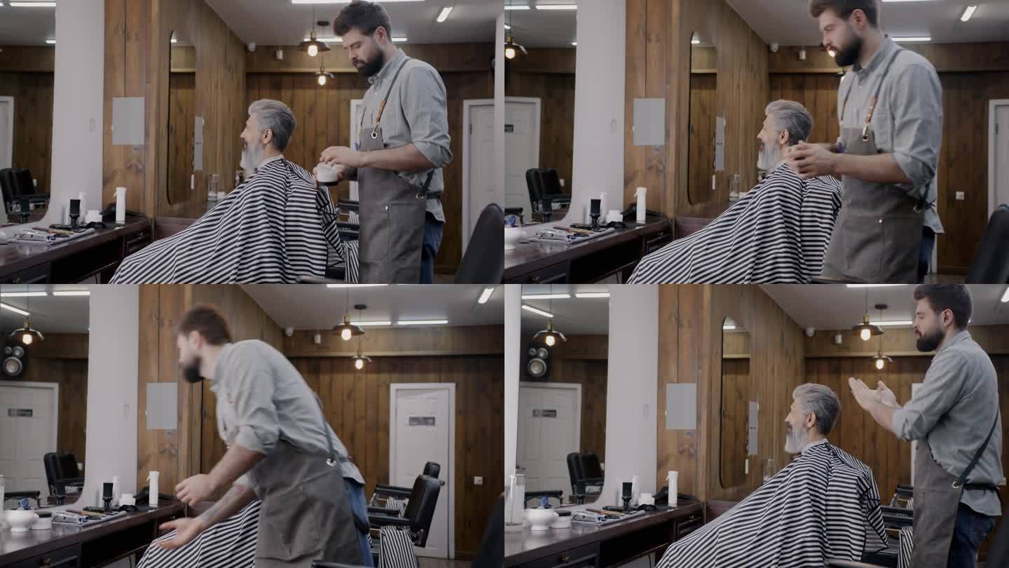 专业理发师打开罐子，在头发上涂抹化妆品，为客户提供理发店的护理