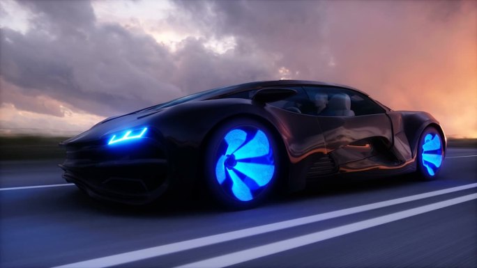 高速公路上未来的黑色电动汽车。开得非常快。