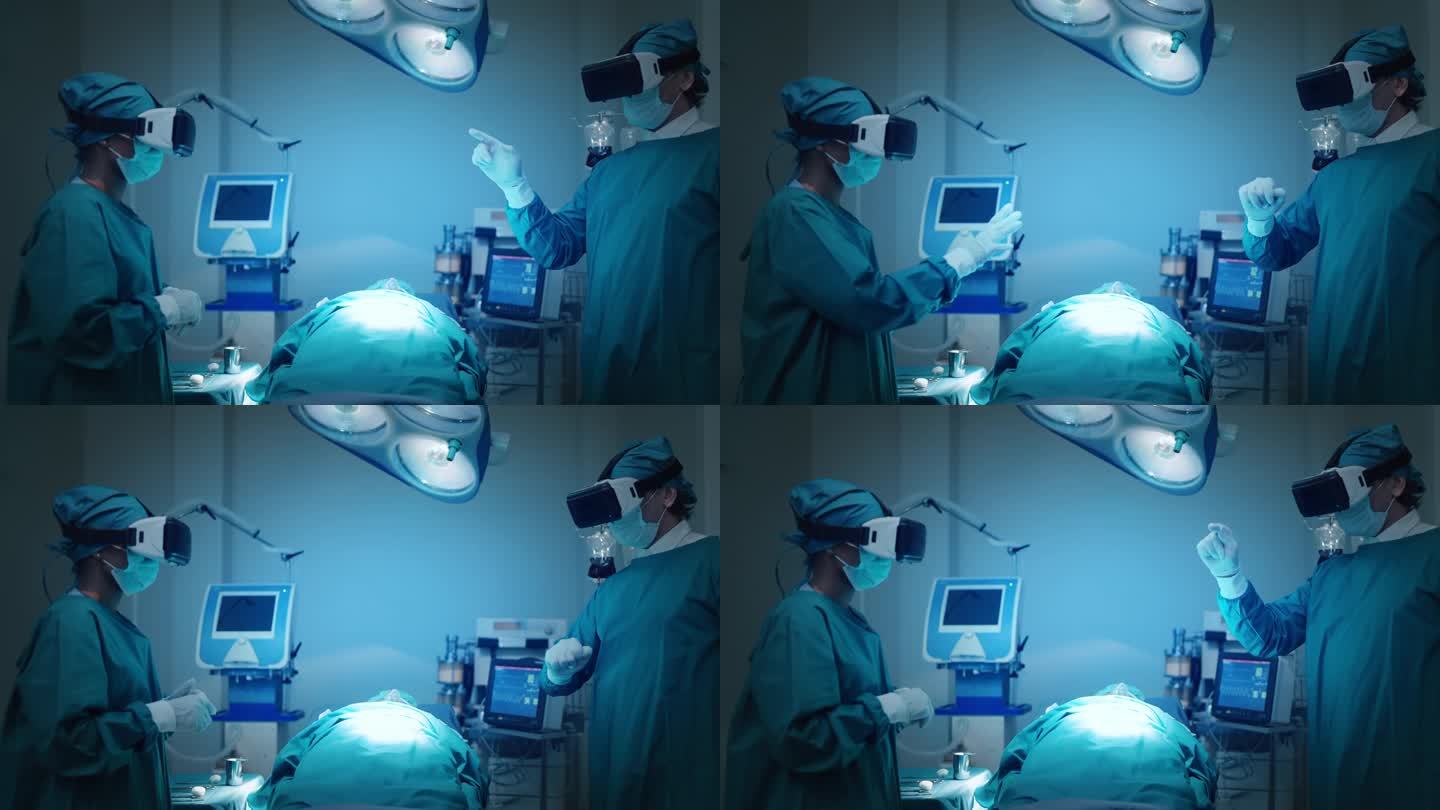 两名戴着VR虚拟现实眼镜的医护人员在手术室的床上交谈和讨论治疗危重病人。超时空技术概念，未来生活方式