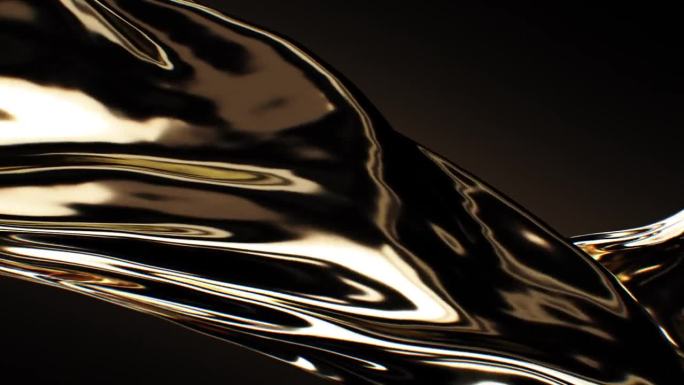 液体黄金流动无缝慢动作。环形熔化的金色金属在黑色3d动画上挥舞。金色纹理抽象背景