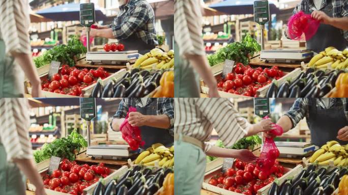一个匿名的街头小贩帮助一位女购物者挑选成熟的有机蔬菜的特写。一名妇女在季节性农贸市场的摊位上购买葡萄