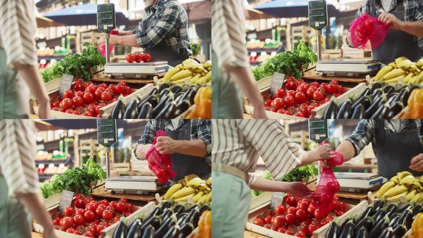 一个匿名的街头小贩帮助一位女购物者挑选成熟的有机蔬菜的特写。一名妇女在季节性农贸市场的摊位上购买葡萄