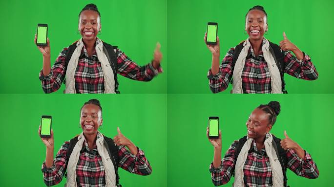 肖像、绿屏或拿着手机的黑人女性，或对营销、广告或产品植入竖起大拇指。快乐的微笑，数码或女孩徒步旅行的