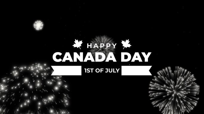 快乐加拿大日动画文字与烟花在白色。