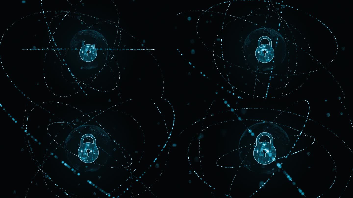 运动图形的蓝色安全关键标志与粒子环旋转和地球与人工智能技术图标未来的抽象背景网络防火墙技术和数据安全