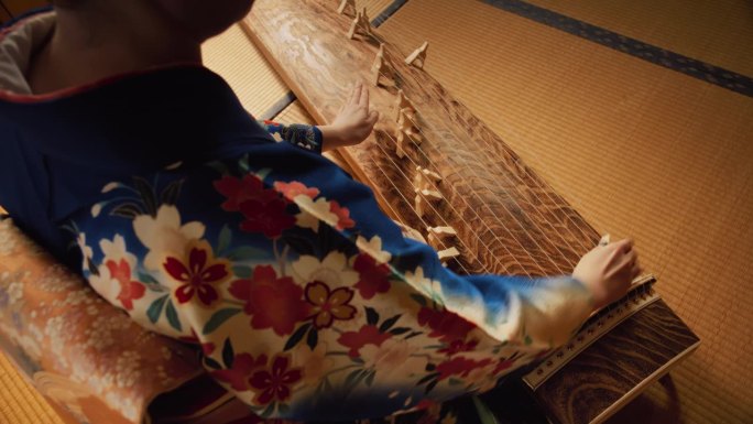 一个女人在日本琴上玩的镜头。身穿蓝色和服，饰有五颜六色的花的女子，熟练地用手在传统的弦乐器上