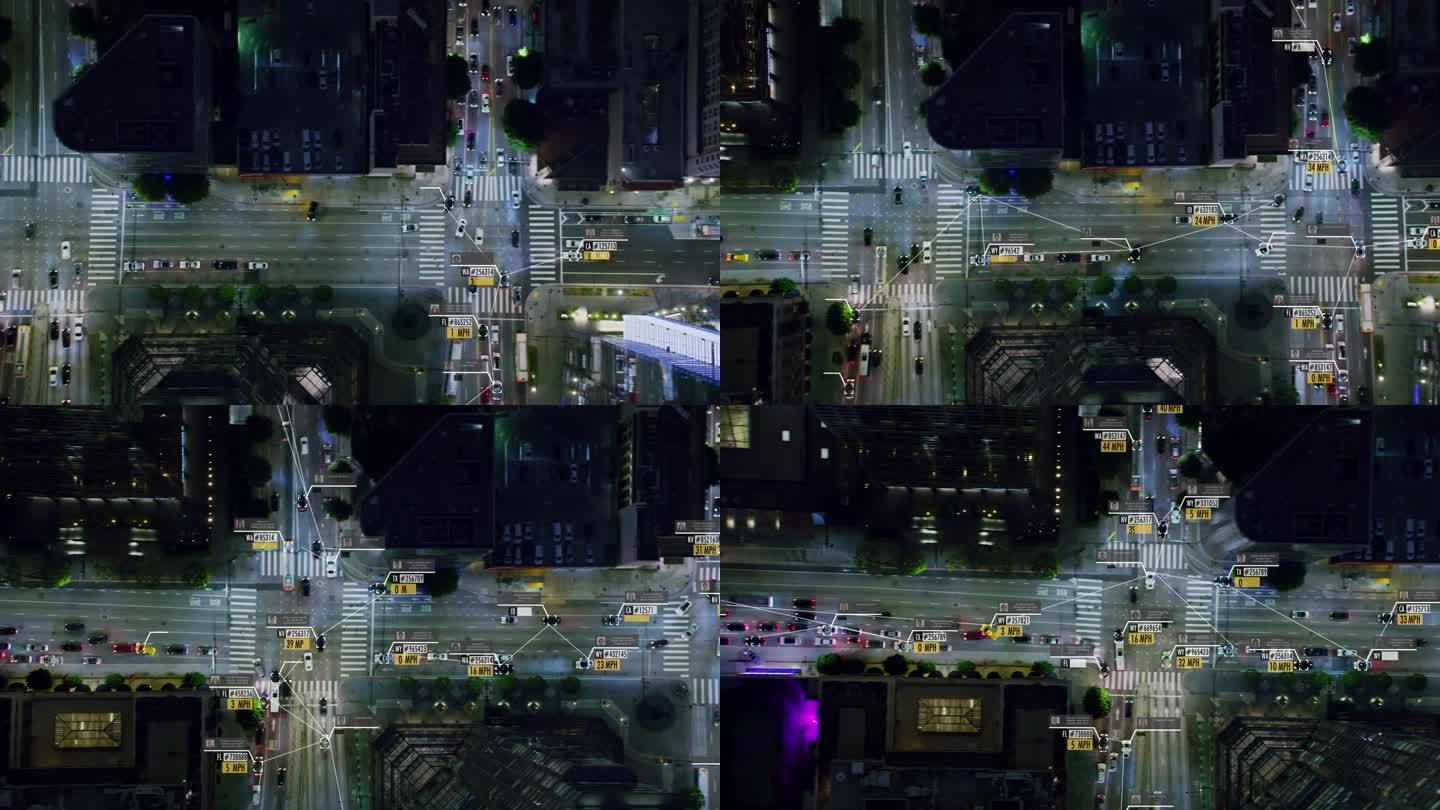 未来的交通工具。市区拥挤街道的鸟瞰图。监视系统。在几辆汽车和卡车上显示信息和连接。物联网。人工智能。