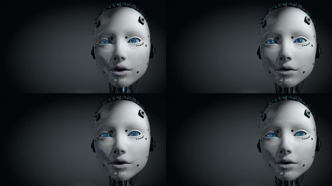 有着白色发光皮肤的女性人形机器人的头部边说边动嘴唇、眼睛、眨眼。三维动画