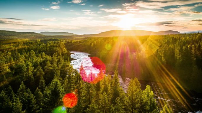 河流穿过瑞典，斯堪的纳维亚半岛的北方森林