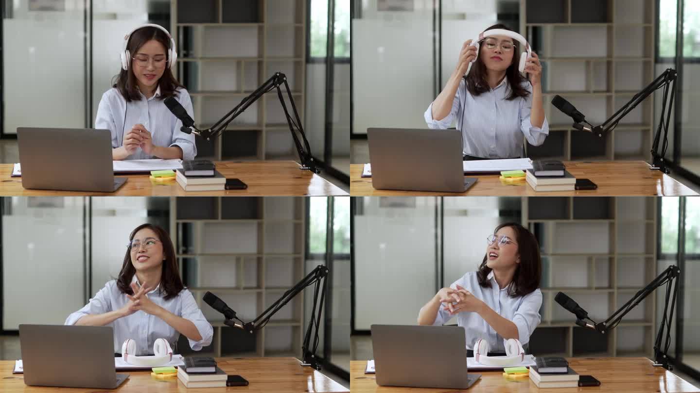 一名亚洲女性戴着耳机在笔记本电脑上录播客。女播客在她的家庭工作室制作音频播客。