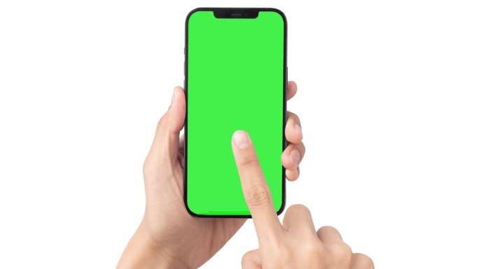 男子手指轻敲手机绿屏。手拿智能手机，点击。模型模板。4 k的视频