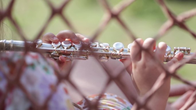 年轻女孩在秋千上演奏横贯长笛