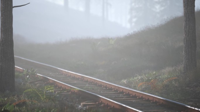 早晨，空荡荡的铁路穿过雾蒙蒙的森林