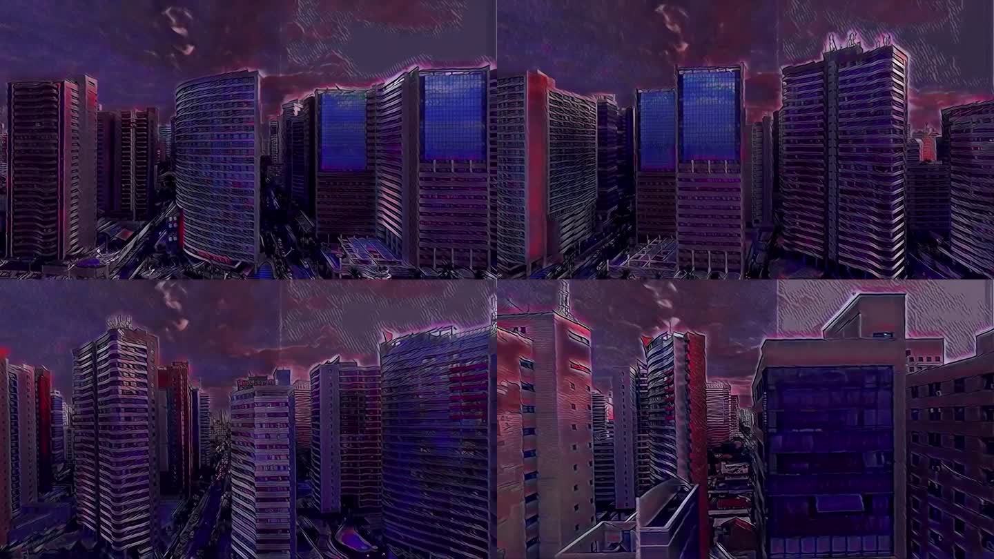 一个带有紫色调摩天大楼的现代城市的3D动画