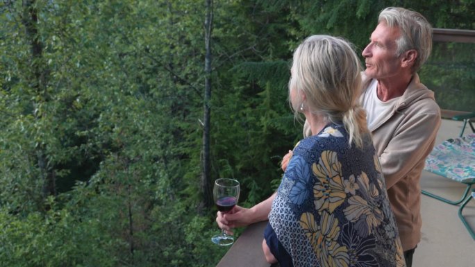 老夫妇在甲板上享受美酒，俯瞰森林