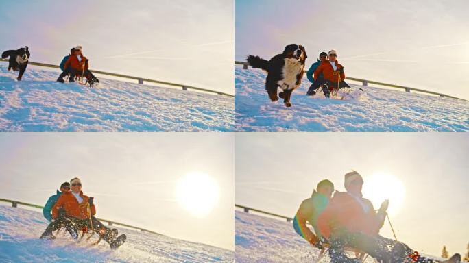 一对老年夫妇和一只狗在日落时分滑下雪坡玩得很开心