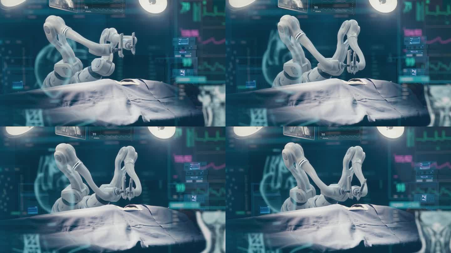 机器人手臂在医院进行高精度纳米手术时，手术病人躺在手术台上。自动机械肢体操作，视觉特效全息显示显示脉