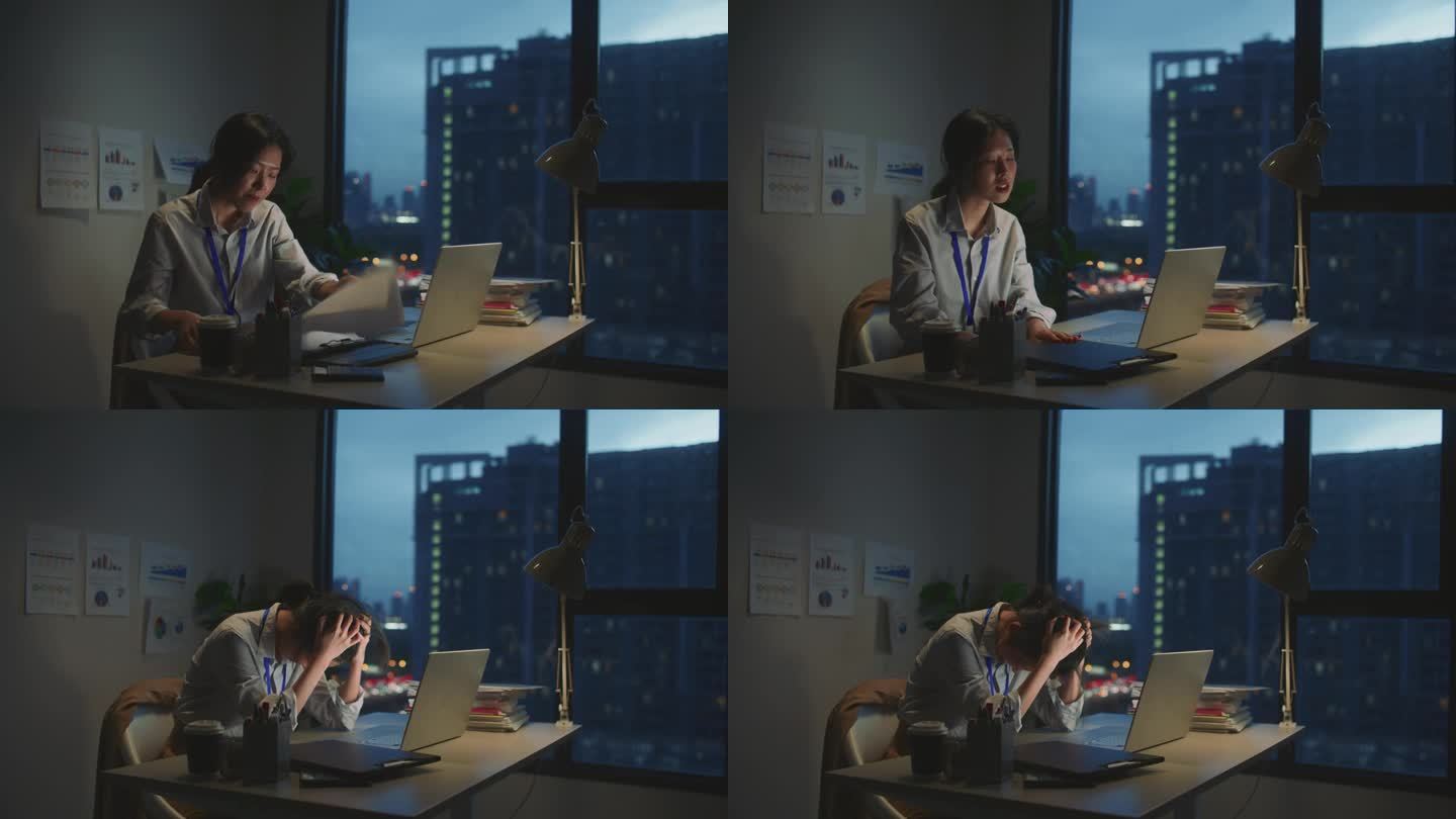 忧心忡忡的严肃的女商人晚上在办公室用笔记本电脑工作