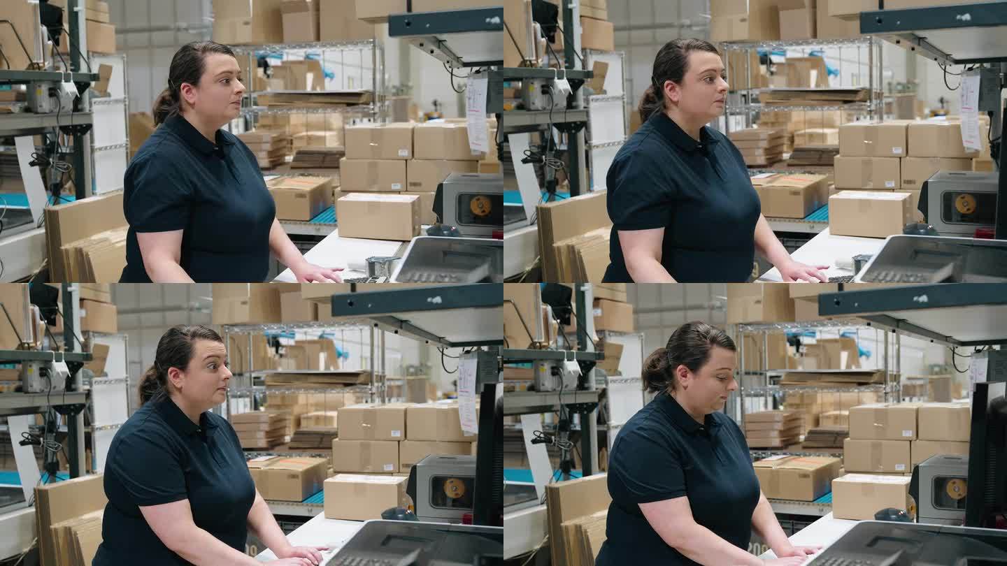 在大型工厂仓库操作电脑的妇女
