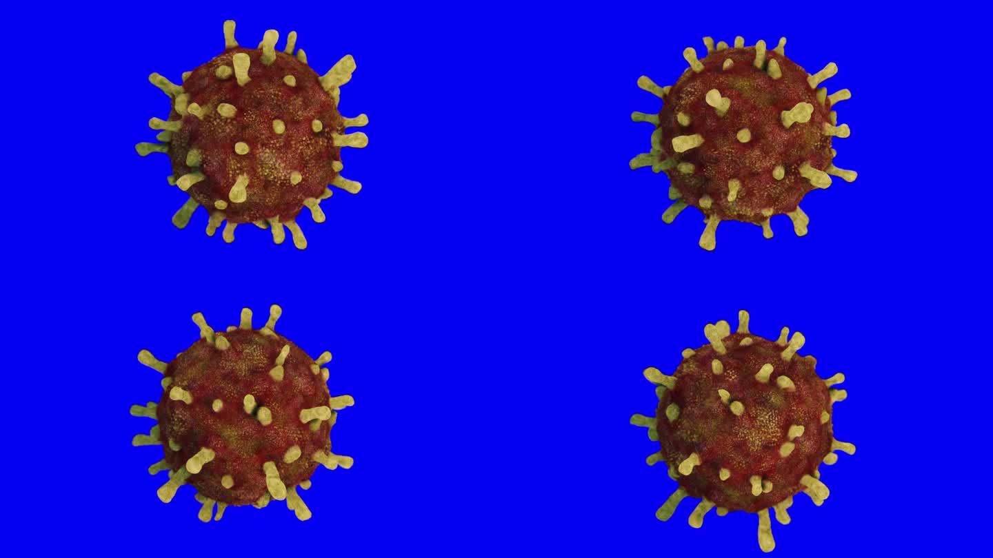旋转病毒模型的3D动画。显微镜下的细菌、病毒或病菌。医学科学概念。色度键