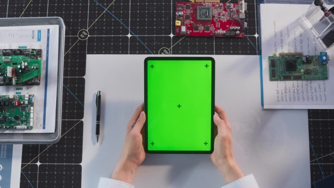 一个匿名的工程师手持平板电脑与模拟绿屏Chromakey显示器垂直俯视视图。工业专家观看电子产品开发