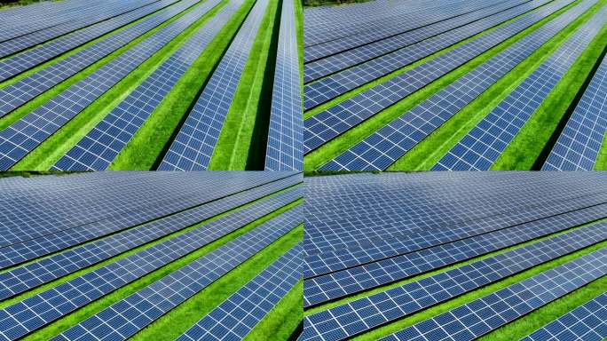 阳光明媚的日子里，郊区绿地上的太阳能电池板鸟瞰图