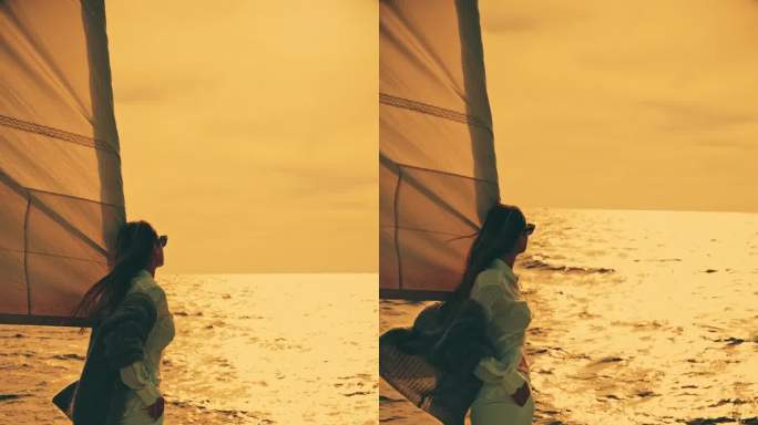度假时，年轻女子站在帆船甲板上对着天空欣赏大海的照片