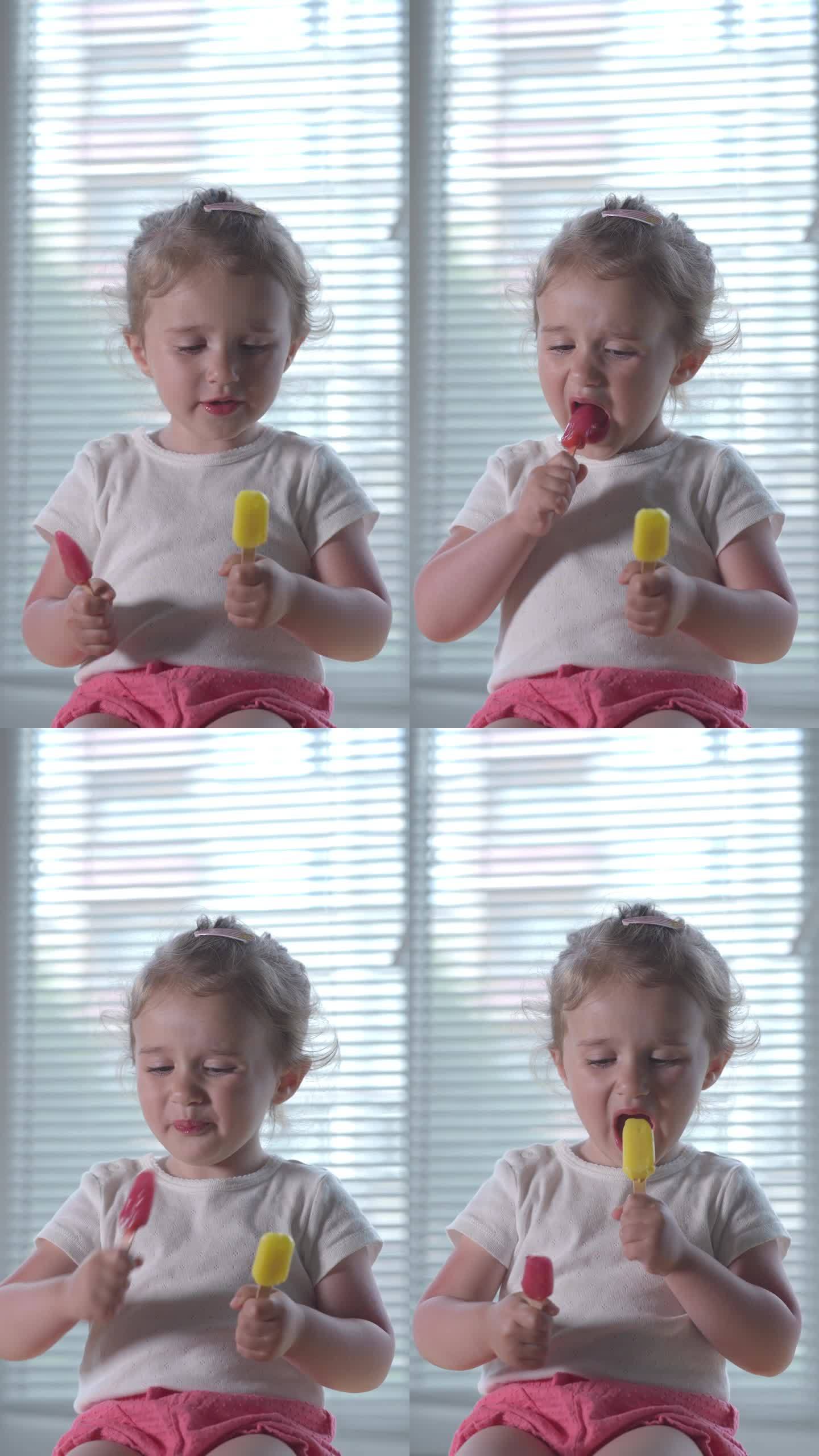 女孩吃着红色和黄色的冰淇淋。