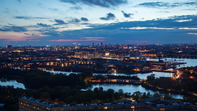 哥本哈根天际线延时变焦日落与河的背景