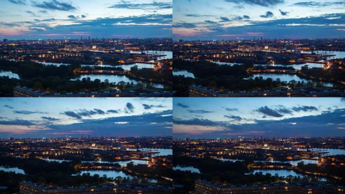 哥本哈根天际线延时变焦日落与河的背景