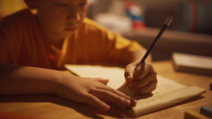 一个聪明的小男孩在客厅里勤奋地做作业的夜景。专注儿童学习，学习最好的成绩，写数学答案。优秀的韩国孩子