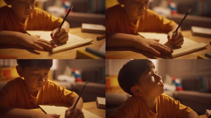 一个聪明的小男孩在客厅里勤奋地做作业的夜景。专注儿童学习，学习最好的成绩，写数学答案。优秀的韩国孩子