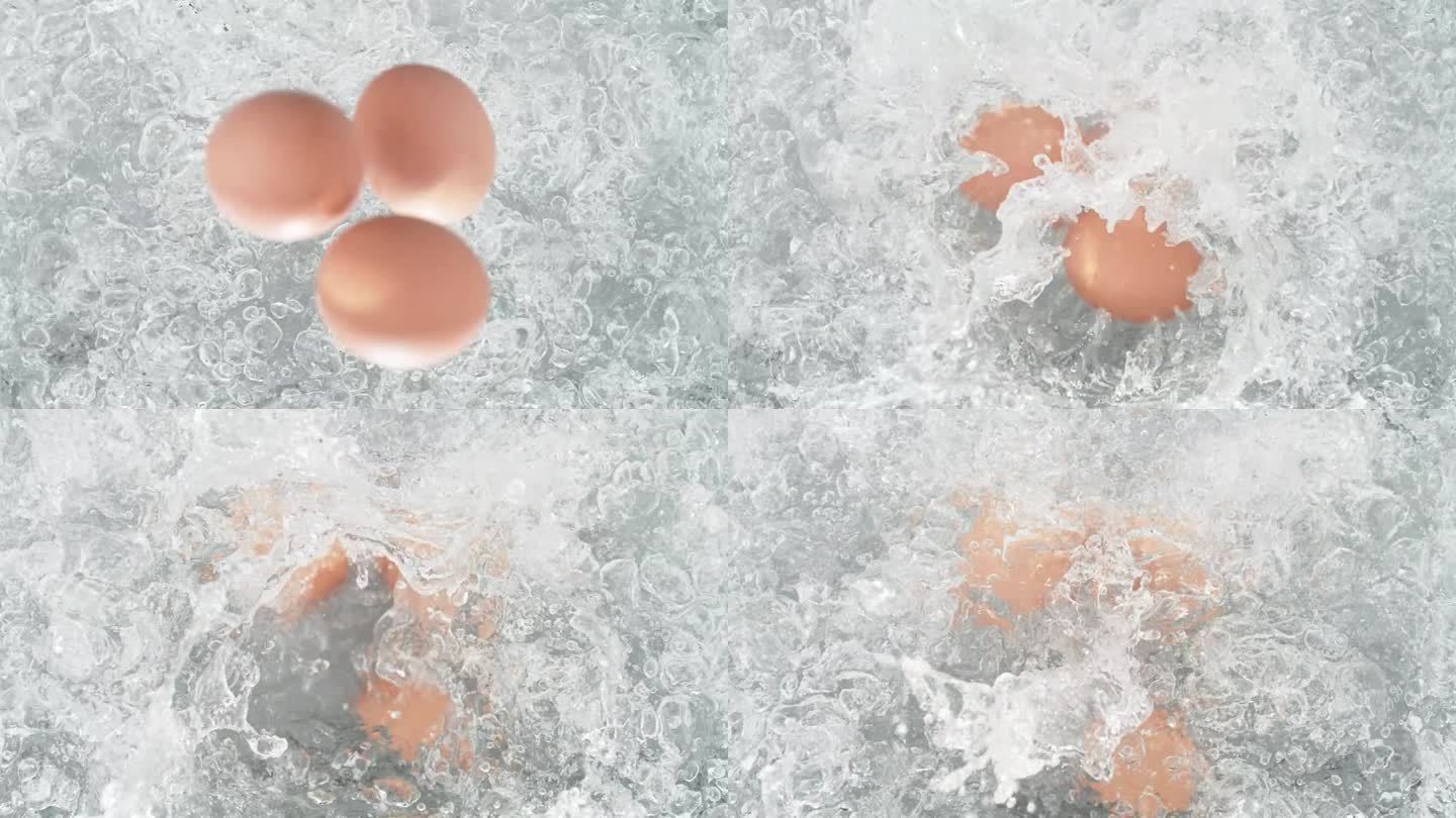 蛋壳中的鸡蛋落入沸水锅中溅起水花的慢动作-桌面视图