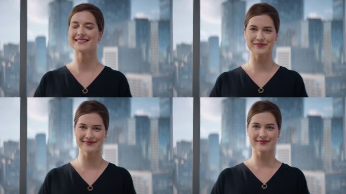 特写白人女商人在摩天大楼的大城市办公室窗户旁摆姿势的美丽肖像。女CEO微笑着看着镜头。成功的商业经理