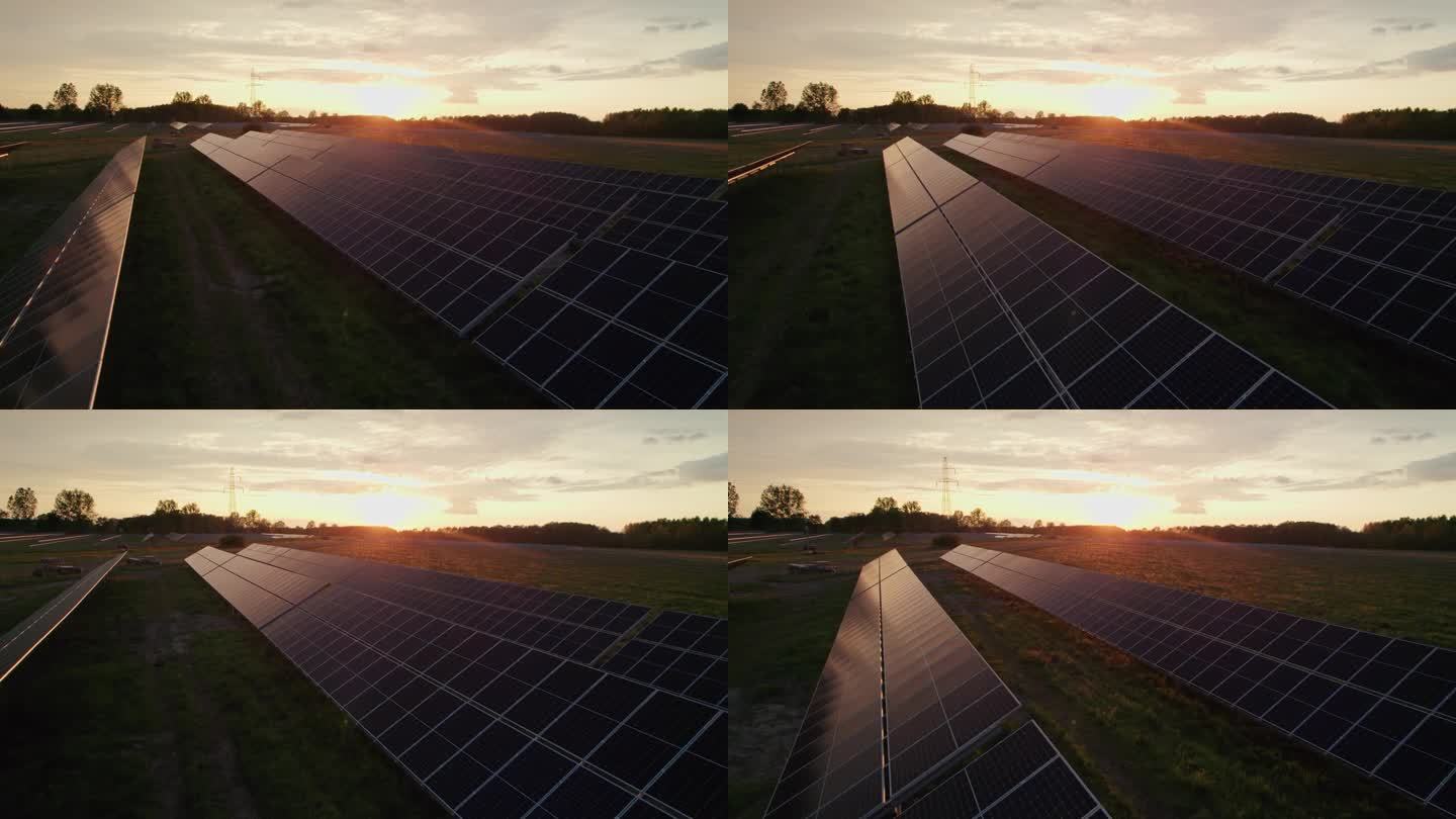 组织良好的太阳能电池板装置捕捉了褪色的阳光，突出了可持续的发电系统。