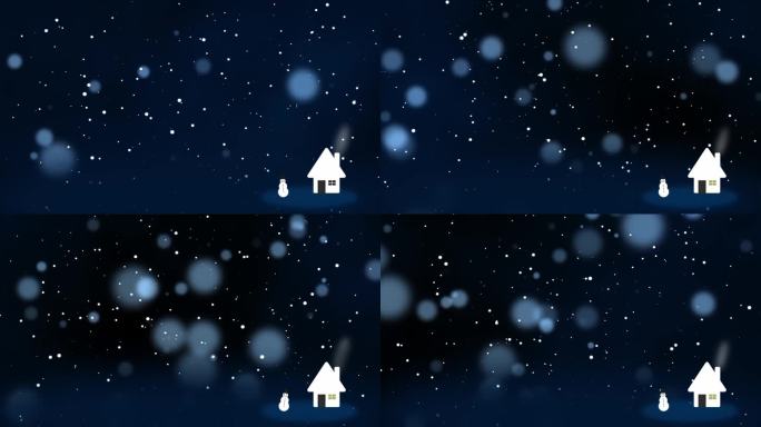 下雪的圣诞背景与快乐的雪人在雪花雪花雪花颗粒和复制空间挥舞快乐的圣诞夜与白色的房子在雪和圣诞庆祝的节