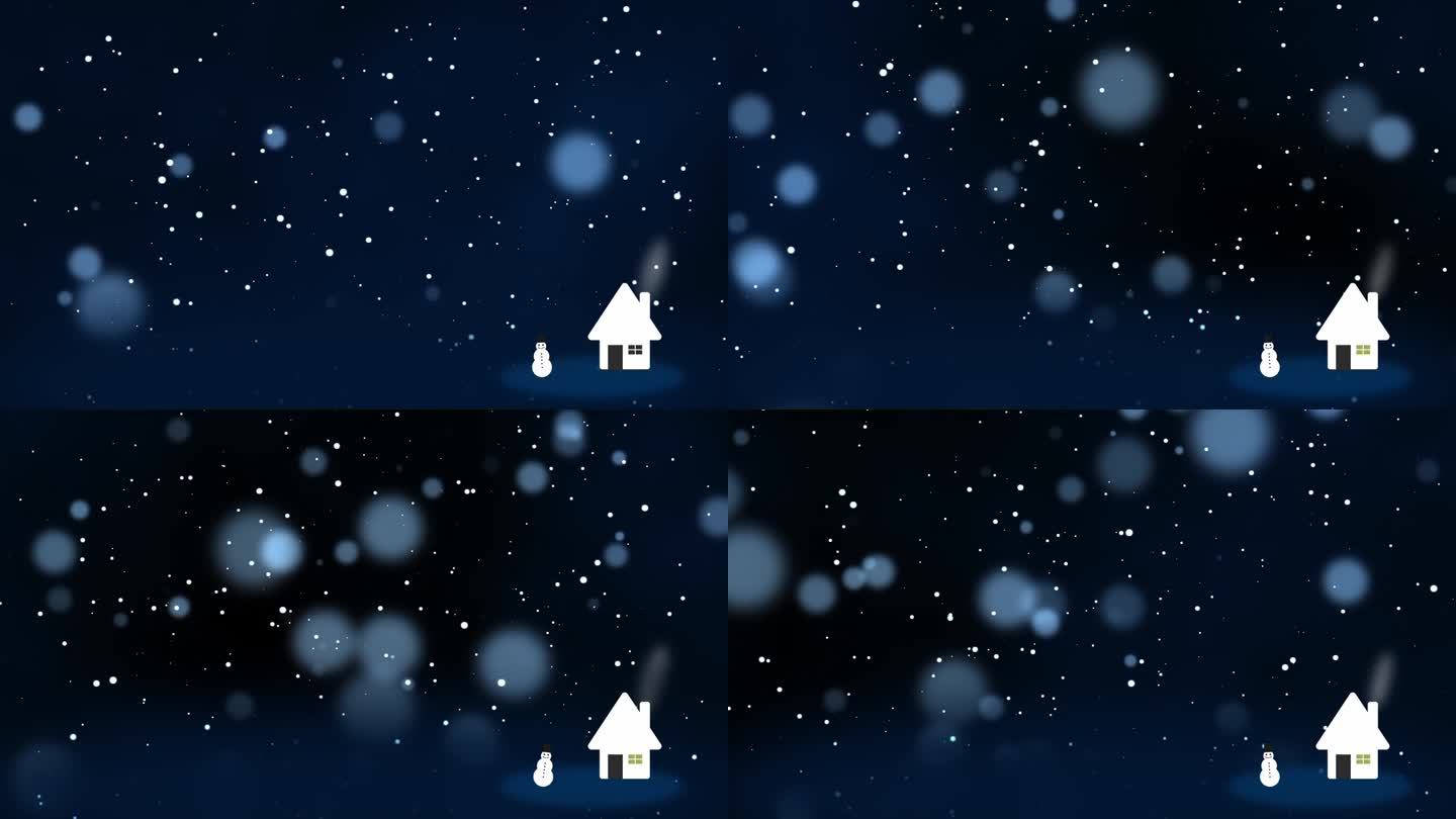 下雪的圣诞背景与快乐的雪人在雪花雪花雪花颗粒和复制空间挥舞快乐的圣诞夜与白色的房子在雪和圣诞庆祝的节