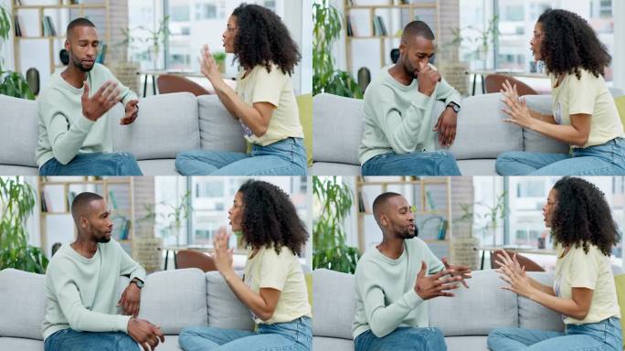 夫妻，在家里出轨和争吵，在沙发上打架或争执。种族间，离婚事件和愤怒的黑人男女争吵与冲突，沮丧或婚姻问