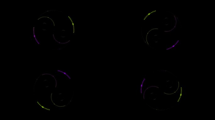阴阳符号与梯度，孤立在黑色背景和平滑若隐若现的许多霓虹灯点发光的蓝色。4k循环视频动画60 fps。