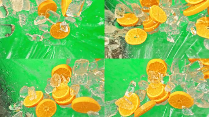 多汁的甜橙和飞冰块或水飞溅或倒滴果汁在1000帧/秒的超级慢动作。柑桔片和冰落在或爆炸在绿色铬色超慢