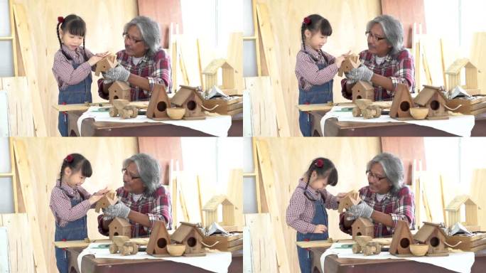 木匠家庭生活方式活动理念，快乐的老木匠爷爷和孙子一起度假，经验丰富的老木匠向年轻一代传授知识